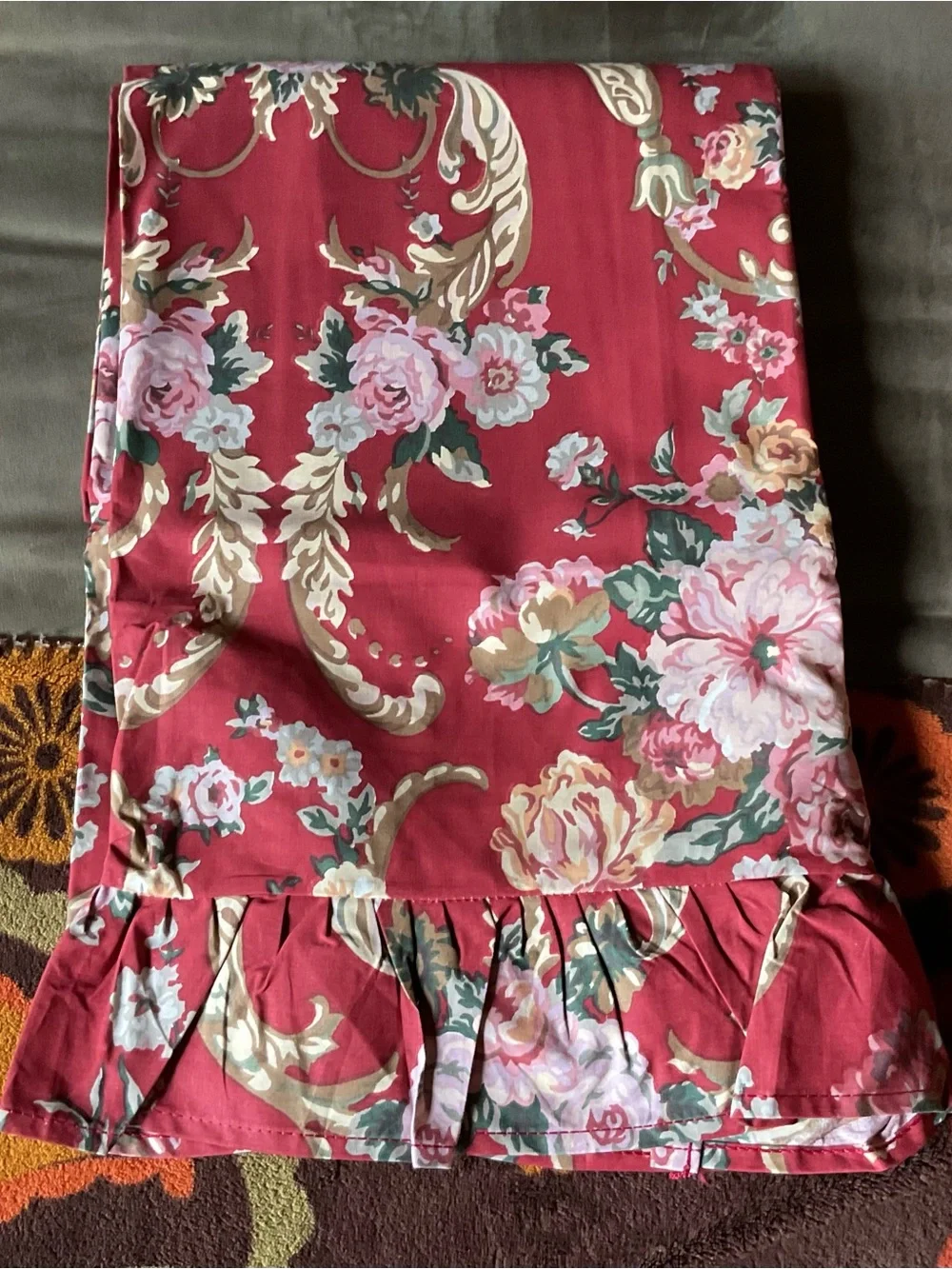 Ralph Lauren Danielle Marseilles Queen Flat Sheet Ruffle Red Floral -Vintage,NEW
